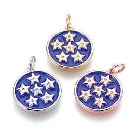 Brass Enamel Pendants, with Cubic Zirconia, Flat Round with Star