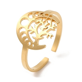304 Stainless Steel Open Cuff Ring, Hollow Moon Phase & Tree of Life