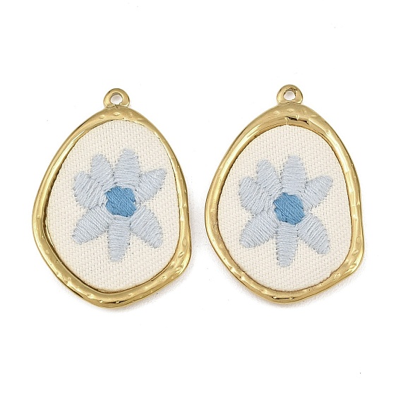 304 Stainless Steel & Embroidered Pendants, Oval with Flower Charms, Light Blue, Ion Plating(IP), Long-Lasting Plated