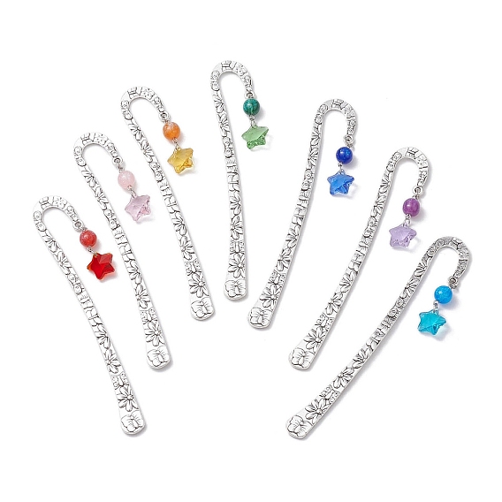 7 шт. 7 цвета, закладки с крючками в тибетском стиле, Закладки-подвески из звездчатого стекла и круглой смолы