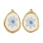 304 Stainless Steel & Embroidered Pendants, Oval with Flower Charms, Light Blue, Ion Plating(IP), Long-Lasting Plated