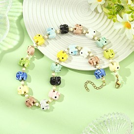 Handmade Porcelain Elephant Bead Necklaces, with Round Synthetic Turquoise Beads, Golden