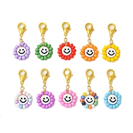 Flat Round with Smiling Face Glass Seed Pendant Decorations, Alloy Lobster Claw Clasps Charm for Bag Key Ornaments