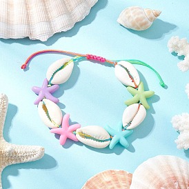 Натуральные смешанные бусины из ракушек каури плетеные браслеты из бисера, регулируемые браслеты из нейлонового шнура для женщин, форма раковины и морская звезда, с акриловыми бусинами