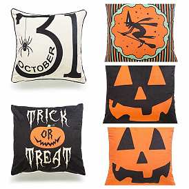 Halloween Theme Linen Pillow Covers, Spider/Pumpkin/Witch Pattern Cushion Cover, for Couch Sofa Bed, Square