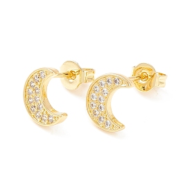 Clear Cubic Zirconia Crescent Moon Stud Earrings, Brass Jewelry for Women, Cadmium Free & Nickel Free & Lead Free