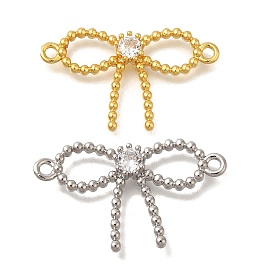 Rack Plating Brass Pave Clear Cubic Zirconia Bowknot Connector Charms, Lead Free & Cadmium Free, Long-Lasting Plated