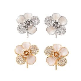 Brass Micro Pave Cubic Zirconia Stud Earrings Findings, with Enamel, for Half Drilled Beads, Flower