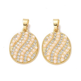Oval Brass Micro Pave Clear Cubic Zirconia Pendants, with Acrylic Imitation Pearl, Cadmium Free & Lead Free