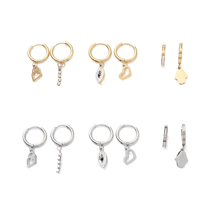 3 Pair 3 Style Tassel & Heart & Hamsa Hand Crystal Rhinestone Asymmetrical Earrings, 304 Stainless Steel Dangle Hoop Earrings for Women
