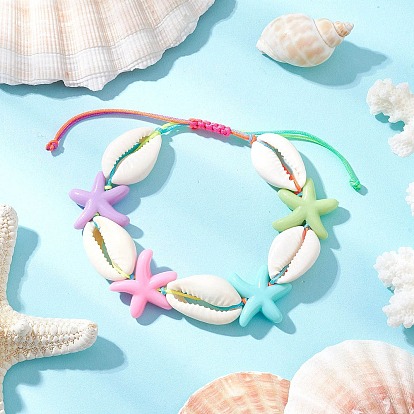 Натуральные смешанные бусины из ракушек каури плетеные браслеты из бисера, регулируемые браслеты из нейлонового шнура для женщин, форма раковины и морская звезда, с акриловыми бусинами