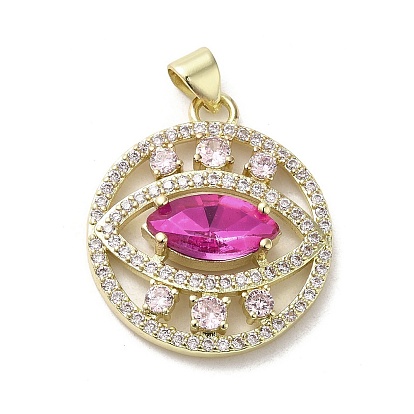 Brass Micro Pave Cubic Zirconia Pendants, with Glass, Real 18K Gold Plated, Flat Round with Eye