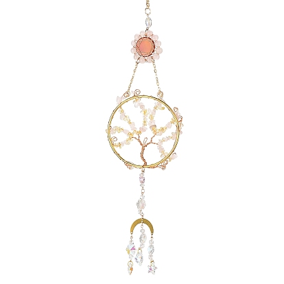 Flat Round with Tree of Life Copper Wire Wrapped Natural Citrine Chip Pendant Decorations, Hanging Suncatchers, with Glass Charm, for Home Car Decorations, Moon