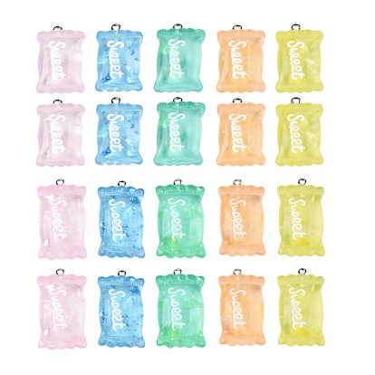 20Pcs 5 Colors 2 Sizes Transparent Resin Pendants, with Paillette & Platinum Tone Iron Peg Bail, Candy with Word Sweet