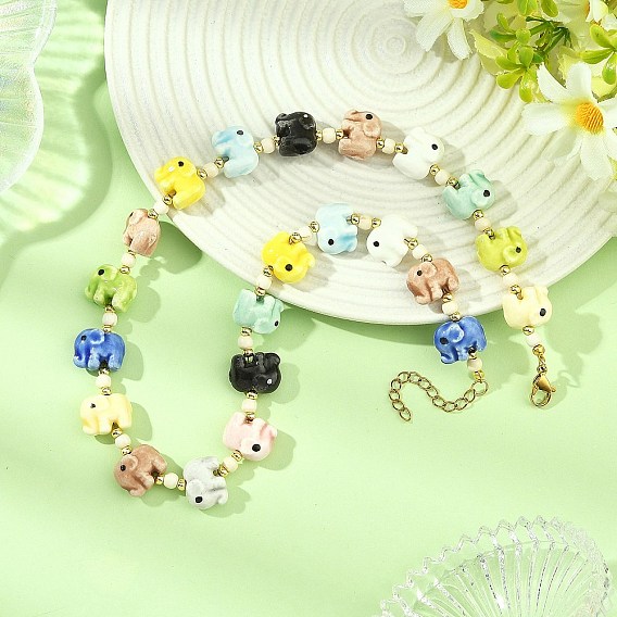 Handmade Porcelain Elephant Bead Necklaces, with Round Synthetic Turquoise Beads, Golden