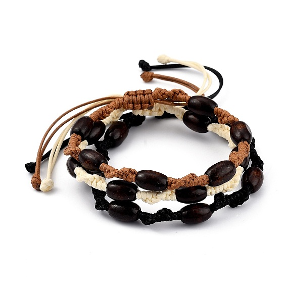 Ensembles de bracelets de perles tressées avec cordon de polyester ciré coréen ajustable, avec perles de tonneau en bois d'érable naturel peintes à la bombe