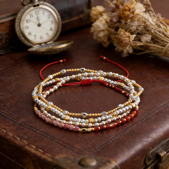 4шт. 4 стили латунные круглые браслеты с бусинами, эластичные браслеты и браслеты-рондели из натуральных смешанных драгоценных камней и стеклянного бисера, плетеные регулируемые браслеты с бусинами для женщин