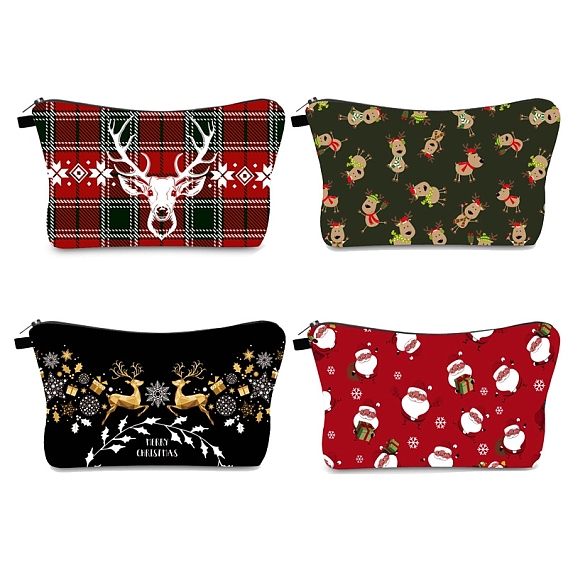 Christmas Dog/Deer/Santa Claus Pattern Polyester Waterpoof Makeup Storage Bag, Multi-functional Travel Toilet Bag, Clutch Bag with Zipper for Women