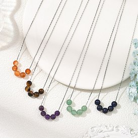 Natural Mixed Stone Round Beads Pendant 304 Stainless Steel Boston Link Chain Necklaces, Stainless Steel Color