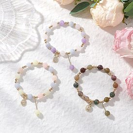 3шт. браслеты из круглых бусин натурального аквамарина, розового кварца, аметиста, индийского агата и белого нефрита с имитацией морганита, Браслеты с подвесками в виде ананаса из латуни с микропаве из кубических цирконий для женщин
