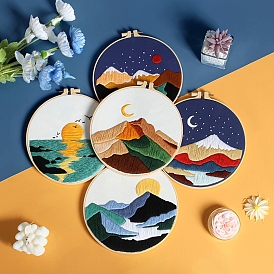 DIY Mountain Embroidery Kits, Including Printed Cotton Fabric, Embroidery Thread & Needles, Plastic Embroidery Hoops