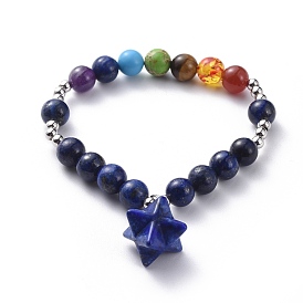 Yoga Chakra Jewelry, Stretch Charm Bracelets, with Gemstone and Round Brass Spacer Beads, Merkaba Star