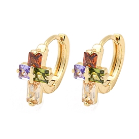 Brass Micro Pave Colorful Cubic Zirconia Hoop Earrings, Cross