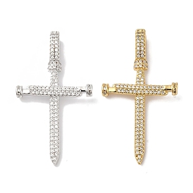 Rack Plating Brass Micro Pave Clear Cubic Zirconia Pendants, Long-Lasting Plated, Lead Free & Cadmium Free, Cross