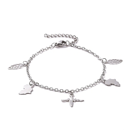 201 Stainless Steel Leaf & Map & Heartbeat Charms Bracelet with 304 Stainless Steel Chains for Women