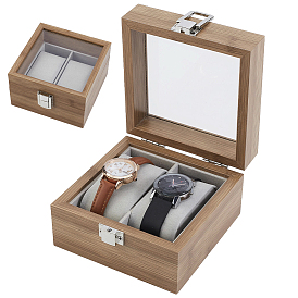 Vitrinas de madera para relojes con tapa de cristal y cojín de terciopelo en el interior.