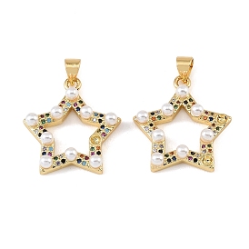 Brass Micro Pave Colorful Cubic Zirconia Pendants, with ABS Imitation Pearl, Star Charms