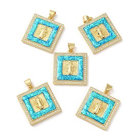 Rack Plating Brass Micro Pave Cubic Zirconia with Synthetic Opal Pendants, with Jump Ring, Lead Free & Cadmium Free, Long-Lasting Plated, Square with Saint