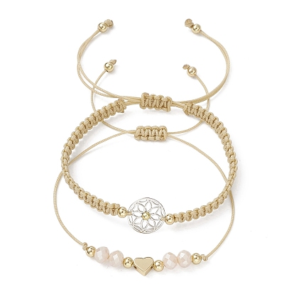 2шт. 2 стили плетеных браслетов из нейлоновых нитей, плетеные браслеты из бисера для женщин, со стеклом, абс пластмасса, 304 нержавеющая сталь и латунь