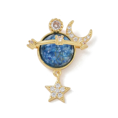 Rack Plating Brass Micro Pave Cubic Zirconia Pendants, with Resin, Lead Free & Cadmium Free, Long-Lasting Plated, Planet