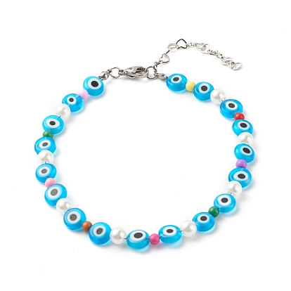 Evil Eye Handmade Lampwork Beaded Anklets for Women, Acrylic & ABS Plastic Beads Anklets