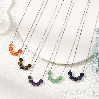 Natural Mixed Stone Round Beads Pendant 304 Stainless Steel Boston Link Chain Necklaces, Stainless Steel Color
