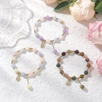 3шт. браслеты из круглых бусин натурального аквамарина, розового кварца, аметиста, индийского агата и белого нефрита с имитацией морганита, Браслеты с подвесками в виде ананаса из латуни с микропаве из кубических цирконий для женщин