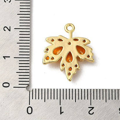 Brass Micro Pave Cubic Zirconia Pendants, with K9 Glass, Maple Leaf Charm, Golden