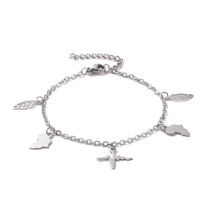 201 Stainless Steel Leaf & Map & Heartbeat Charms Bracelet with 304 Stainless Steel Chains for Women