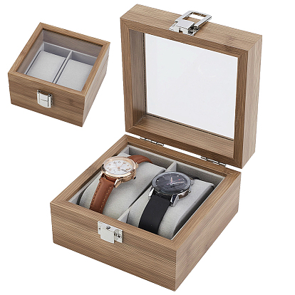 Vitrinas de madera para relojes con tapa de cristal y cojín de terciopelo en el interior.
