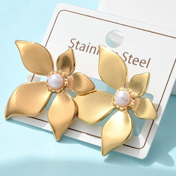 304 серьги-гвоздики в форме цветка из нержавеющей стали и АБС-пластика с имитацией жемчуга, ионное покрытие (ip)