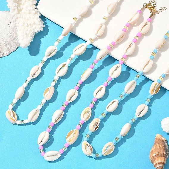 3 шт. 3 цвета ожерелья из натуральных ракушек каури и стеклянных бусин, золотые