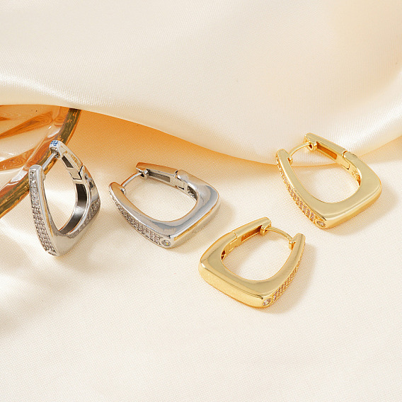Ретро блестящие латунные трапециевидные серьги-кольца из прозрачного кубического циркония