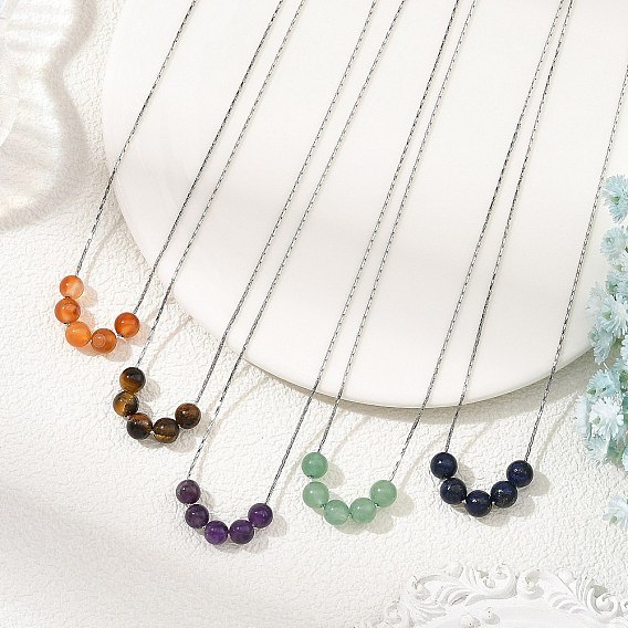 Pendentif en perles rondes de pierres naturelles mélangées 304 Colliers à maillons Boston en acier inoxydable, couleur inox