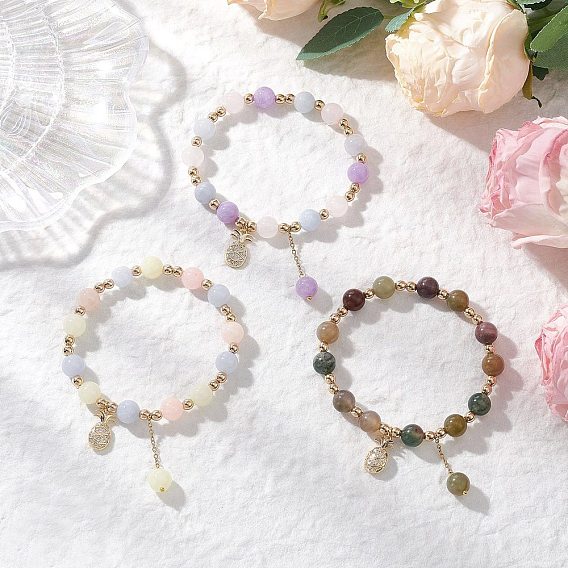 3Pcs Natural Aquamarine & Rose Quartz & Amethyst & Indian Agate & White Jade Imitation Morganite Round Beaded Bracelets, Brass Micro Pave Cubic Zirconia Pineapple Charm Bracelets for Women