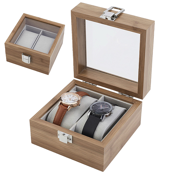 Vitrinas de madera para relojes con tapa de cristal y cojín de terciopelo en el interior.