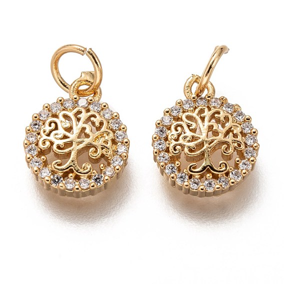 Brass Micro Pave Clear Cubic Zirconia Charms, Long-Lasting Plated, with Jump Ring, Flat Round with Tree of Life
