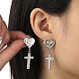 Heart with Cross 304 Stainless Steel Dangle Stud Earrings, with Crystal Rhinestone