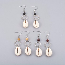 Cowrie Shell Dangle Earrings, with Gemstone and Wood Beads, Iron Linking Rings, Brass Earring Hooks