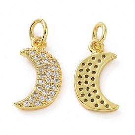 Brass Micro Pave Cubic Zirconia Pendants, Real 18K Gold Plated, with Jump Ring, Moon Charm